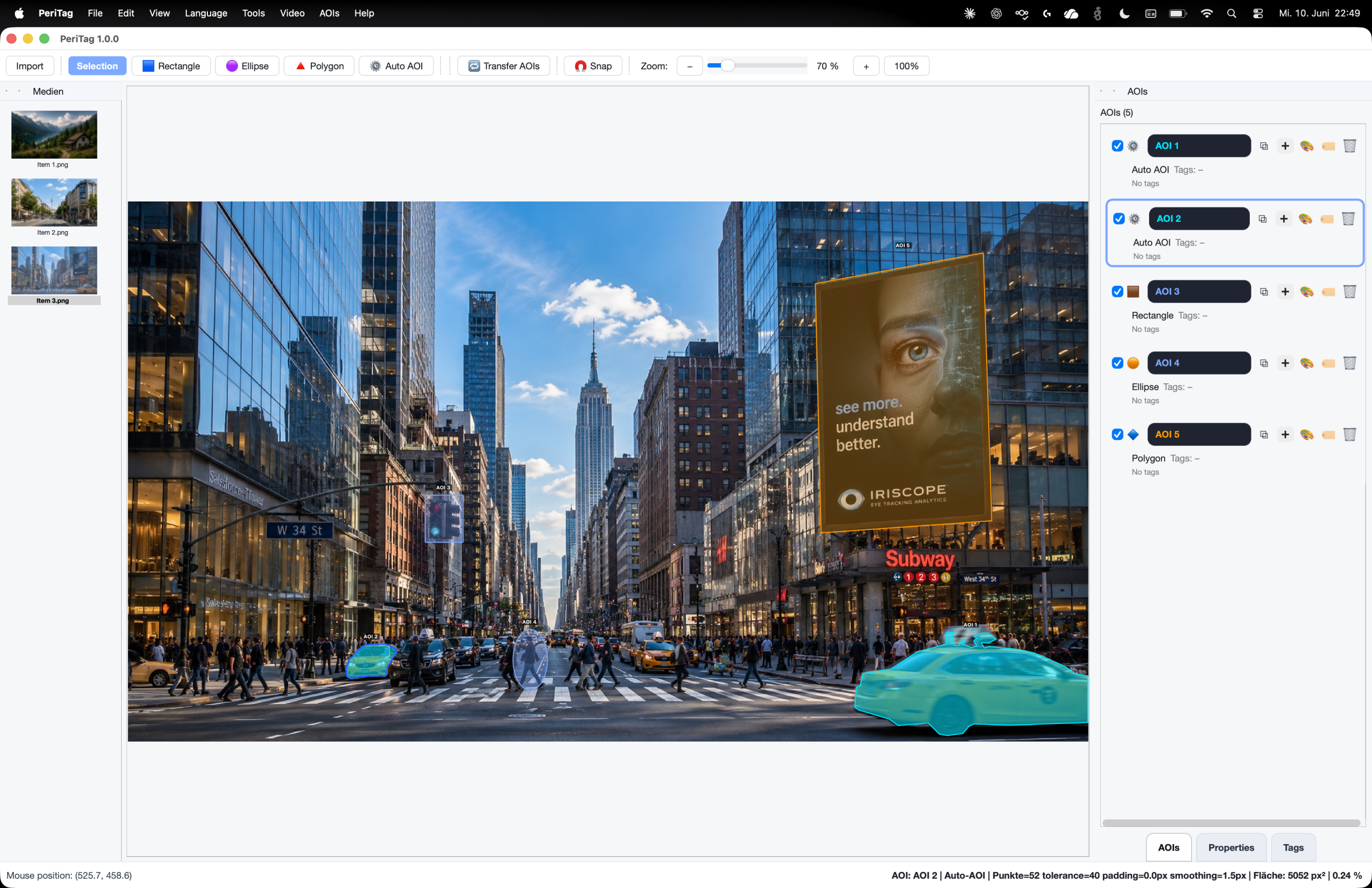 PeriTag annotation workspace with named rectangular, elliptical and polygonal AOIs on a street scene, including cars, a pedestrian and a billboard.
