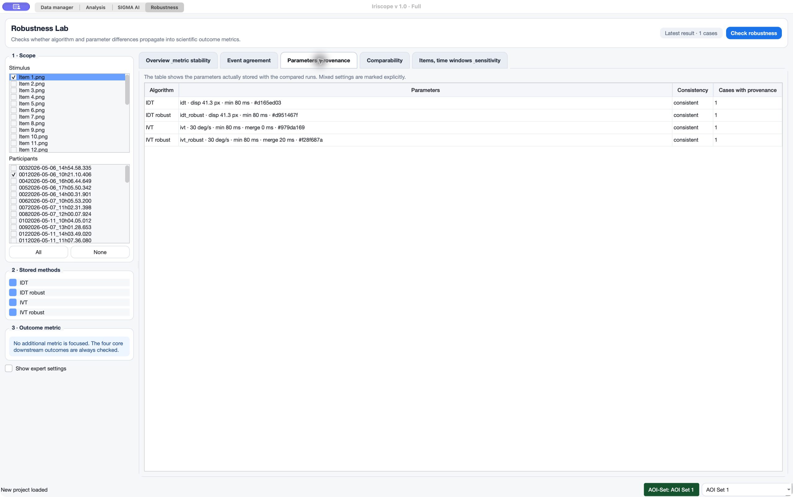 Iriscope Robustness Lab listing the detection thresholds, minimum durations, merge settings and provenance signatures actually stored for four methods.