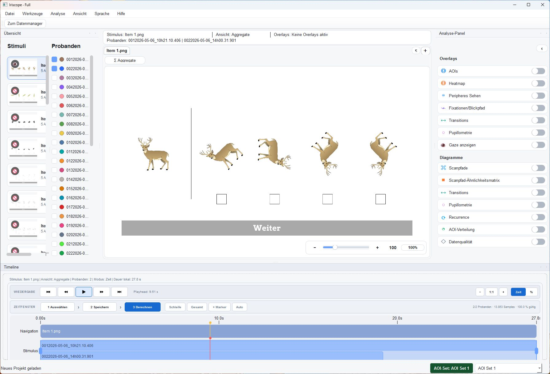 Iriscope project workspace with a stimulus, AOIs and analytical controls