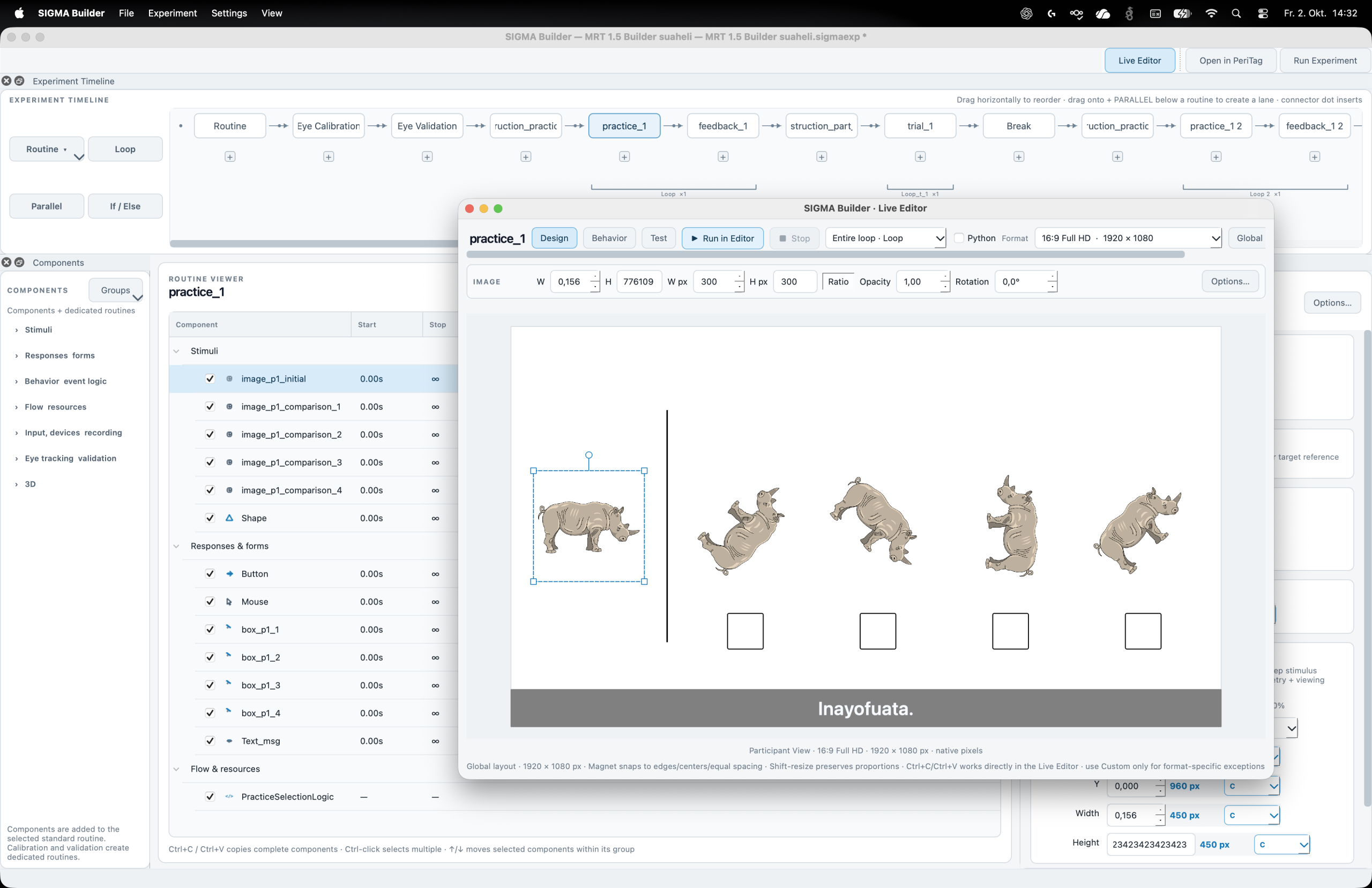 SIGMA Builder Live Editor over the experiment workspace, showing image choices, response boxes, a selected image and the Full HD 1920 × 1080 display profile