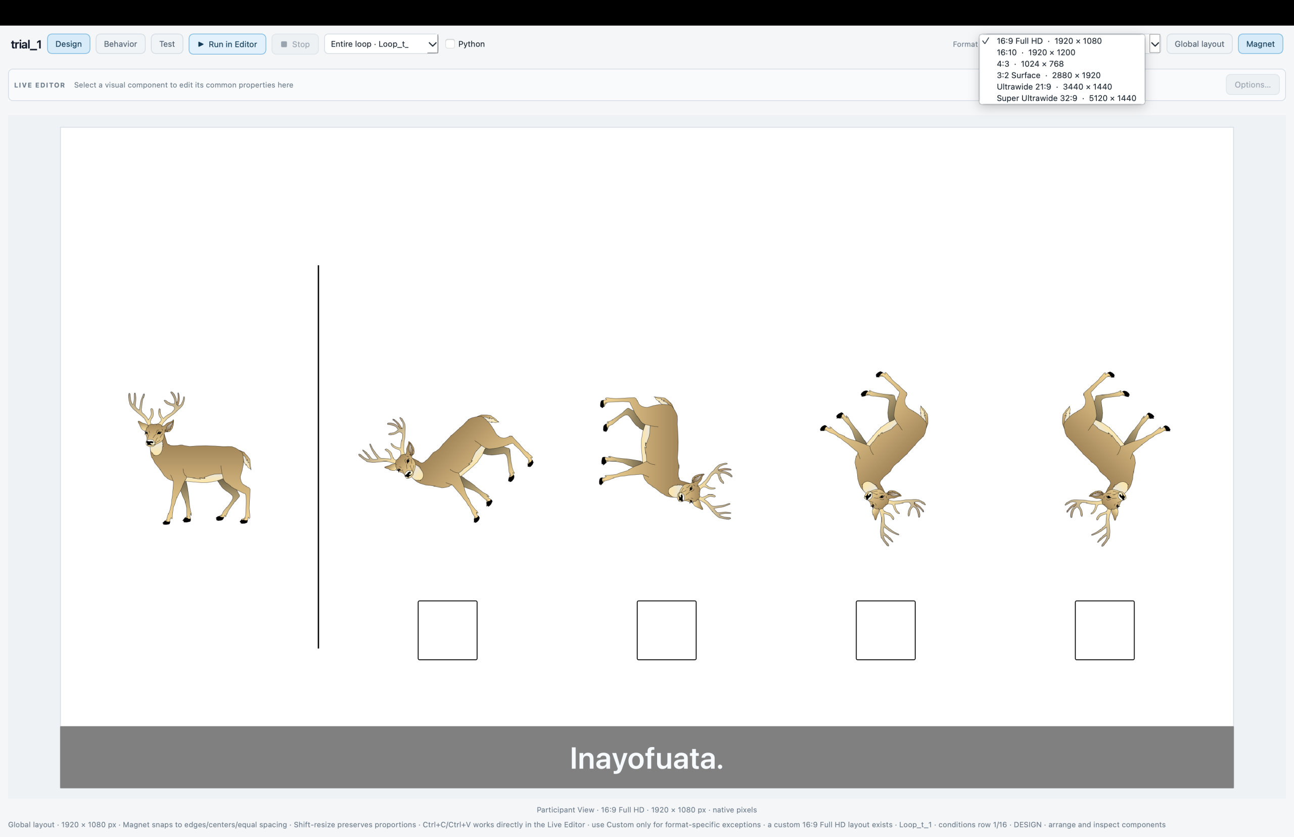 SIGMA Builder Live Editor with the format menu open, showing Full HD, 16:10, 4:3, Surface, Ultrawide and Super Ultrawide display profiles over a deer mental-rotation task.