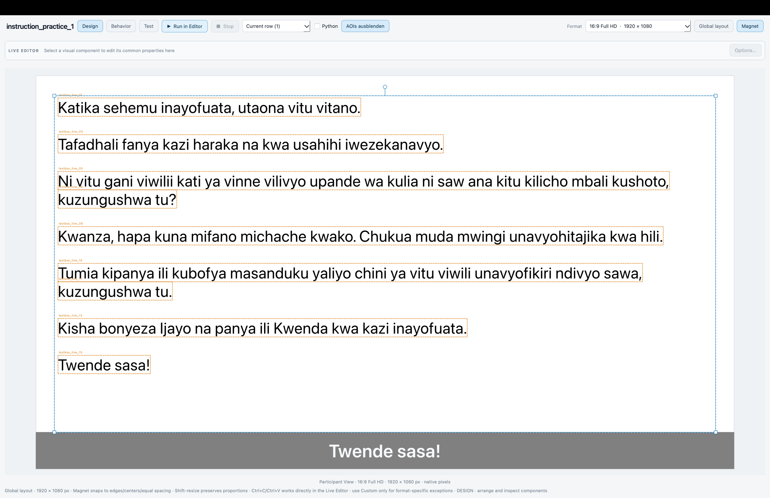 SIGMA Builder Live Editor displaying automatically generated line AOIs around the same native text passage