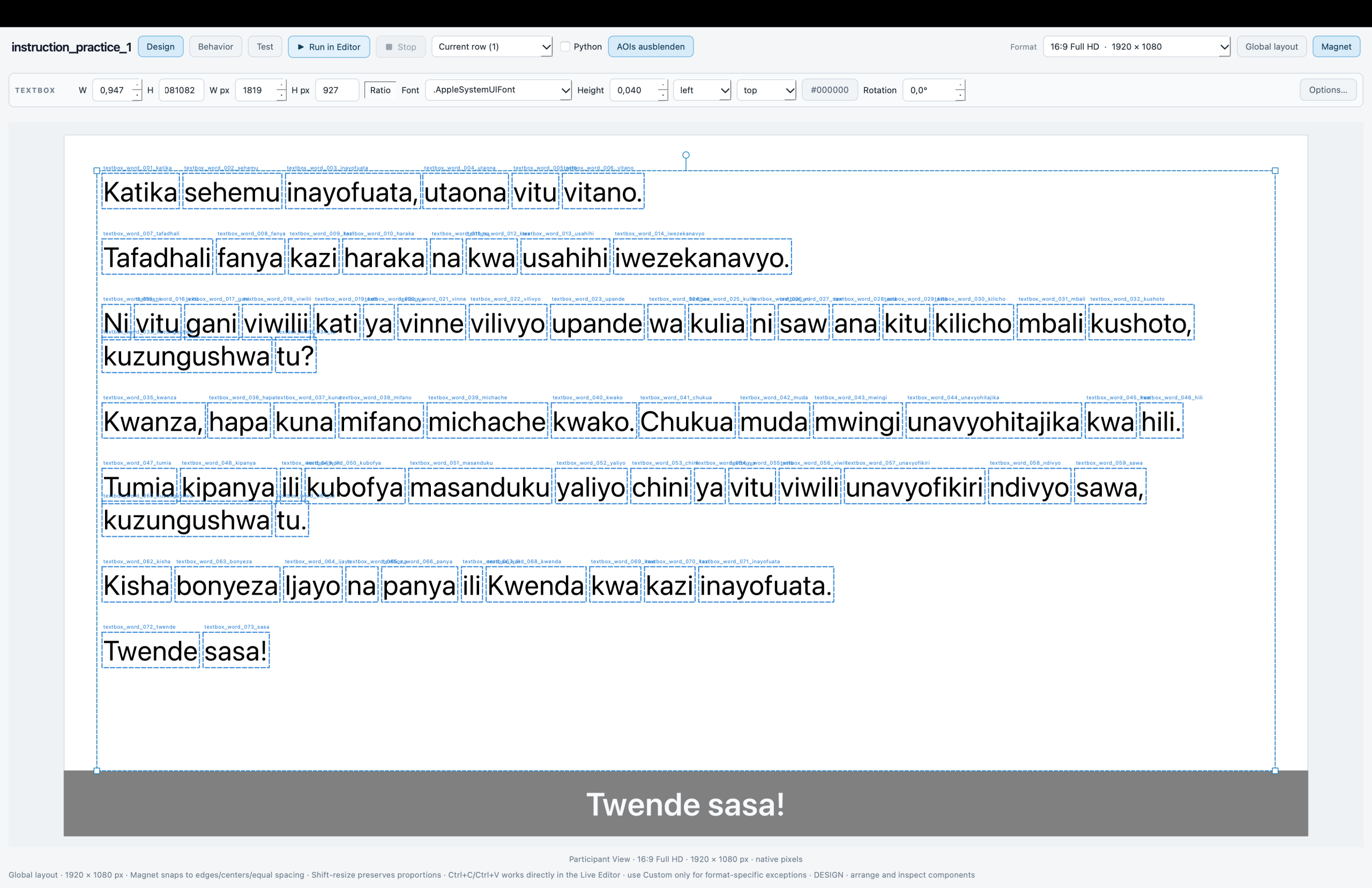 SIGMA Builder Live Editor displaying automatically generated word AOIs around a native text passage