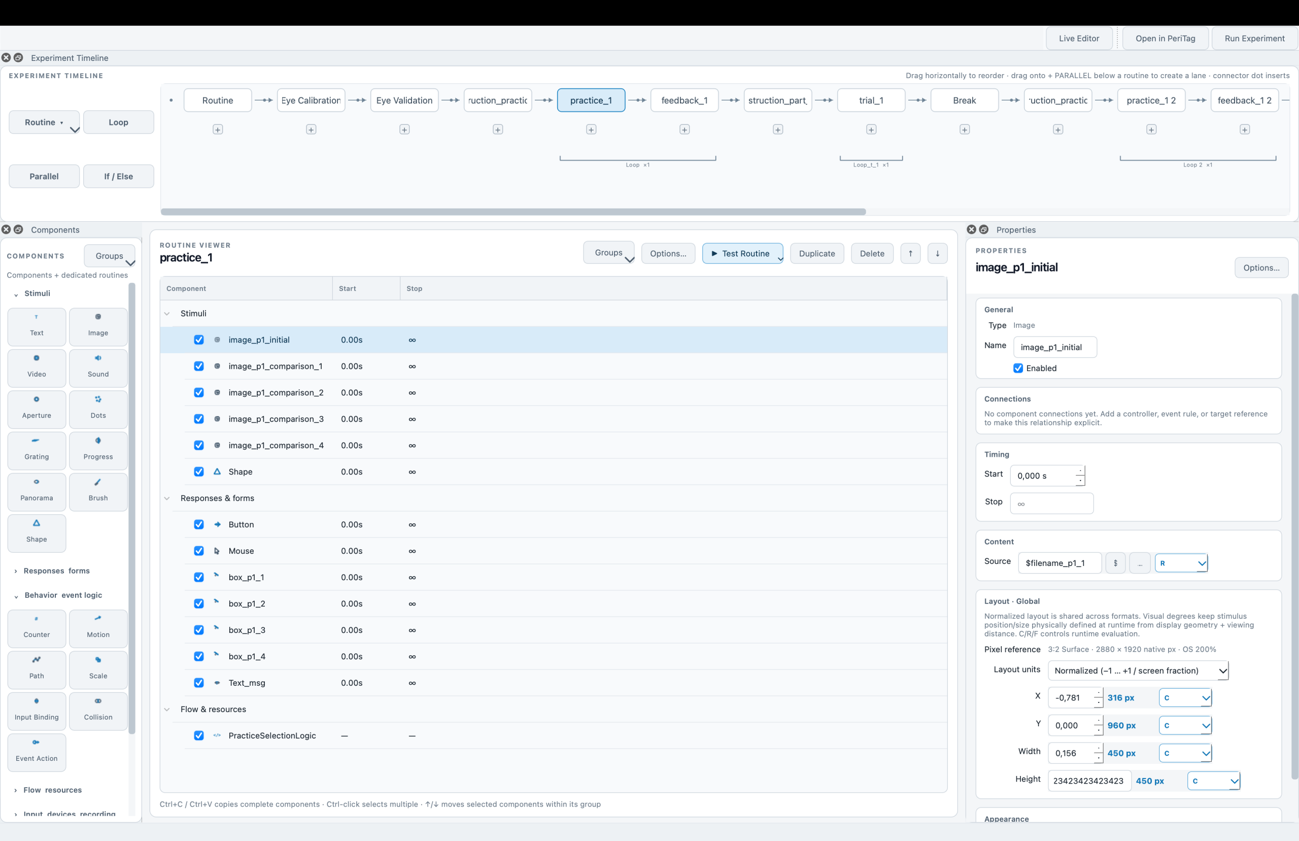 SIGMA Builder workspace with the experiment timeline, image stimuli, responses and component properties